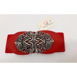 NEW Grace Karin Women's Stretch Belt Red Retro Metal Flower Buckle Boho Preppy